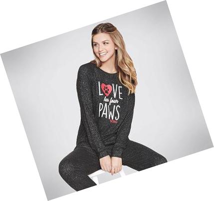 Női Skechers BOBS Apparel 4 Paws Cozy Póló Fekete | HU4247X