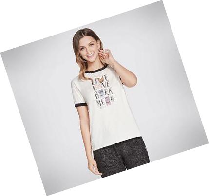 Női Skechers BOBS Apparel Bark Meow Ringer Póló Fehér | HU4572B